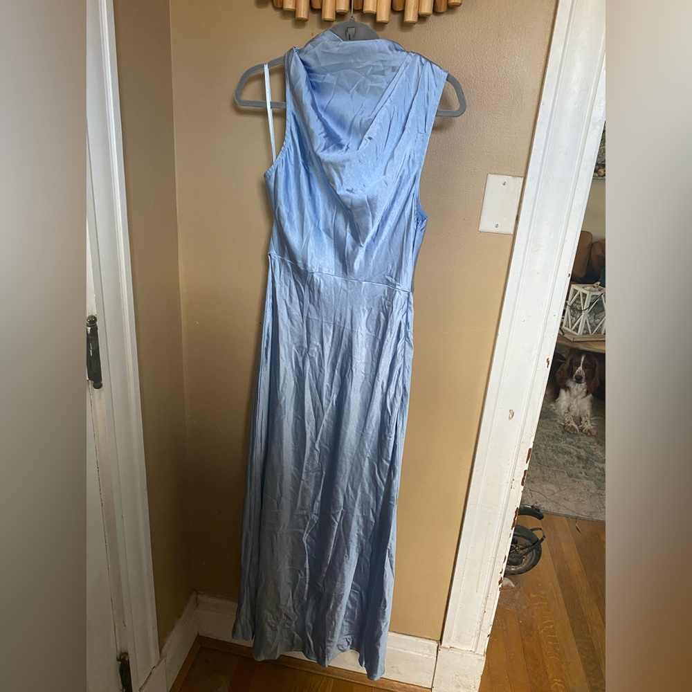 Here Comes The Sun Light Blue Satin Maxi Dress Asymmetrical Sz L NWT